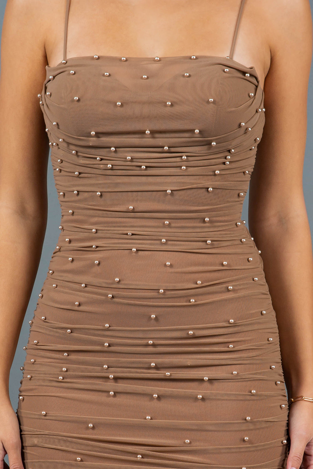 Pearl-Embellished Ruched Mesh Midi Dress